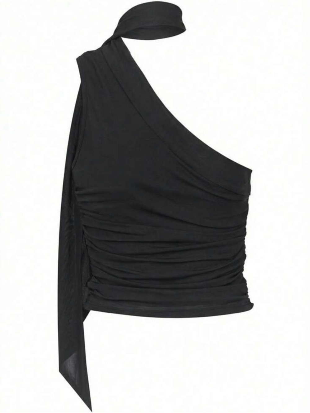 Source Unknown Black One-Shoulder Ruched Top with Neck Tie